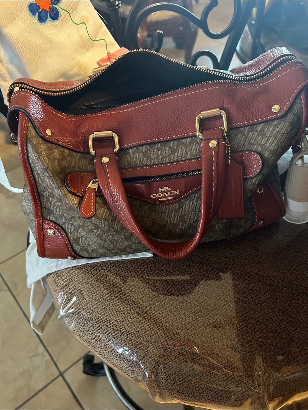 Coach Brown Signature Satchel with Rust Red Trim